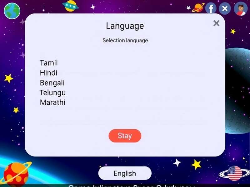 Coimbatore Space Odyssey Localization Options Coimbatore Space Odyssey language selection screen showing Tamil, Hindi, Bengali, Telugu, Marathi, and English options with cultural space-themed icons