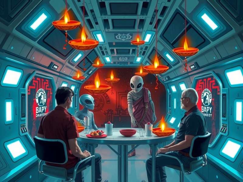 Coimbatore Space Odyssey Diwali Celebration Coimbatore Space Odyssey Diwali event showing a space station decorated with floating diyas and crew members exchanging sweets with alien visitors